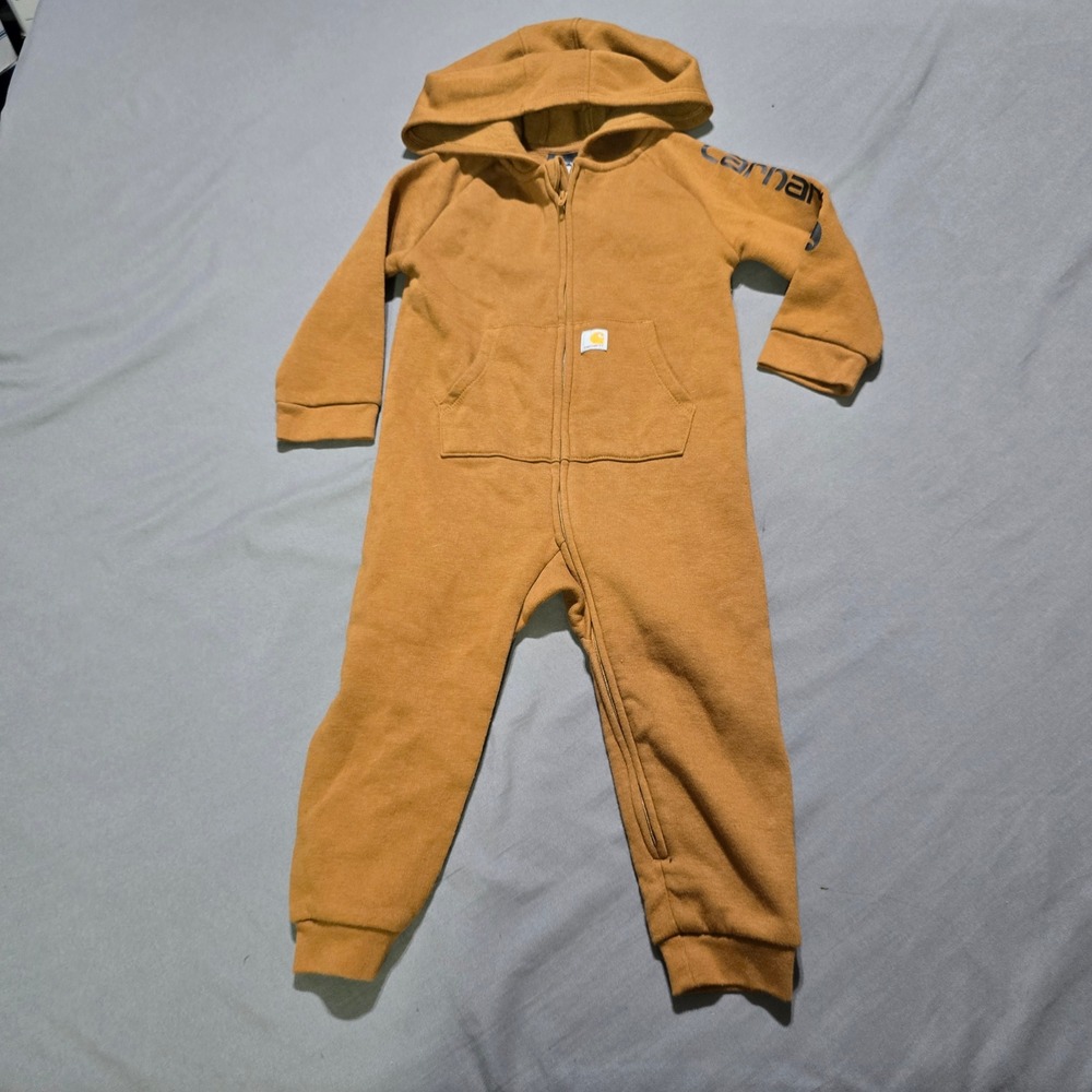 Carhartt Hooded Coverall Kids 18M Brown Fleece Logo Sleeve One Piece Jumpsuit